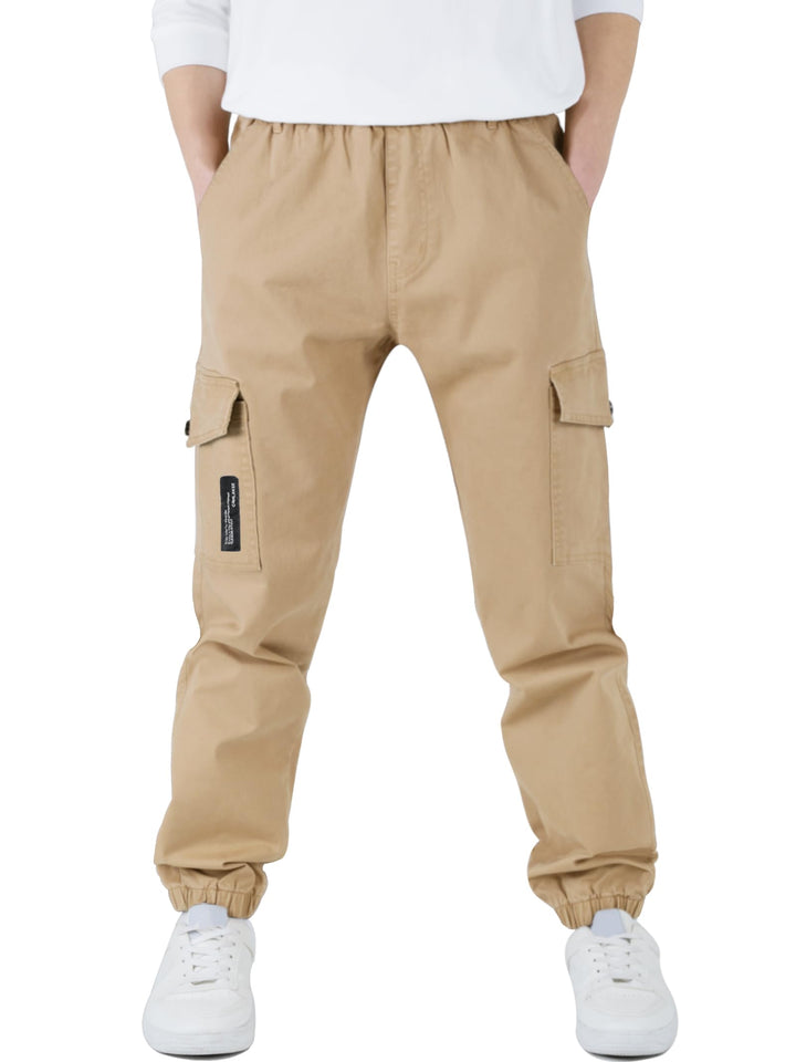 CAMLAKEE Kinder Jungen Cargohose Jogger Hose mit elastischem Bund 128-134 Beige, 128-134 Beige