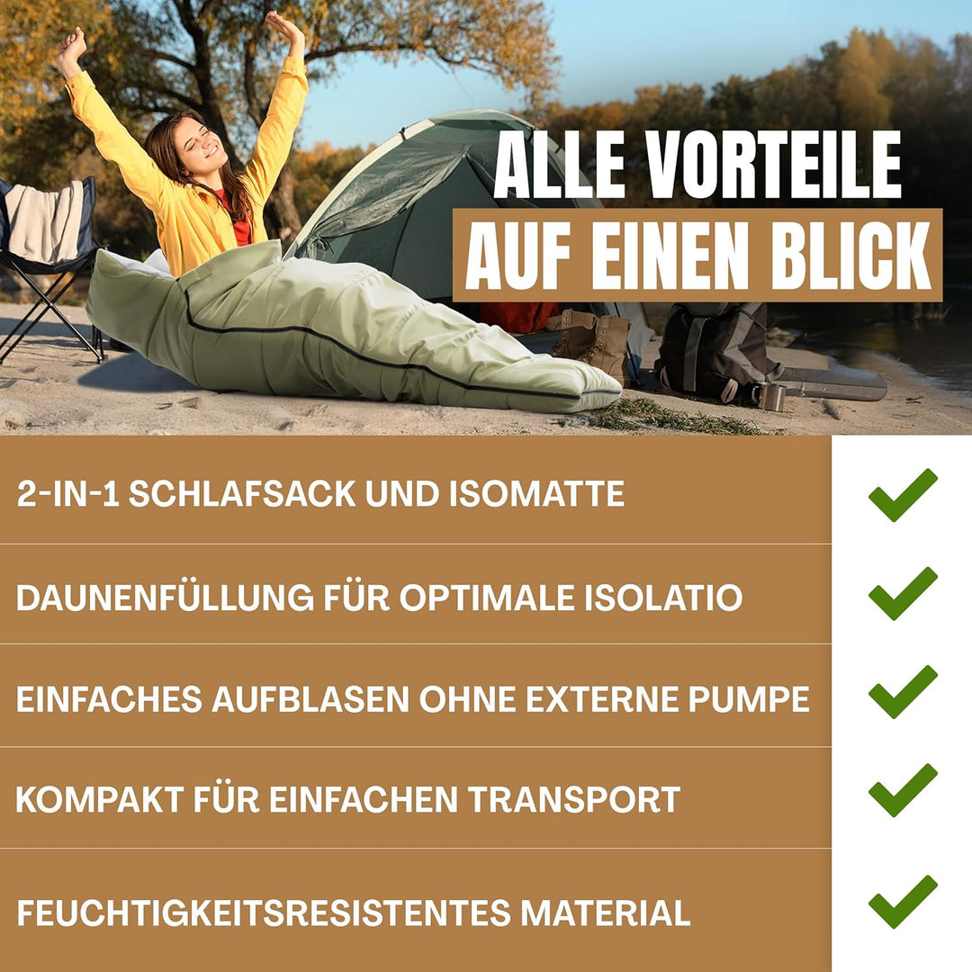 Schlafsack mit integrierbarer Isomatte &amp; Fusspumpe – Outdoor Set für Festival, Trekking und 3-Jahres