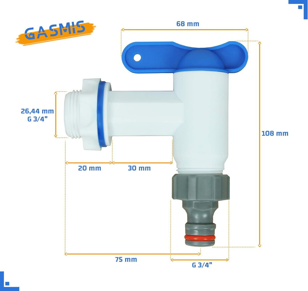 GASMIS Auslaufhahn für Regentonne, Kunststoff Ersatz-Hahn, Wasserhahn für Regenwassertonne, Regenfas
