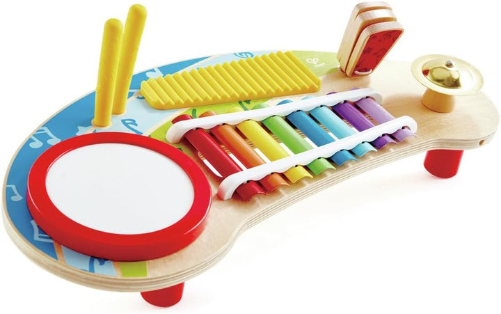 Hape Multifunktionale Miniband, Musikspielzeug für Kleinkinder mit Trommel, Xylophon, Becken, Scratc
