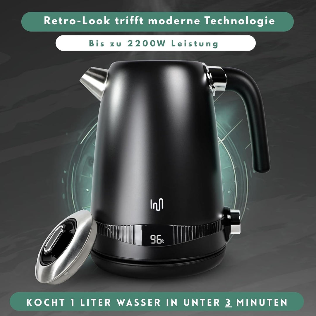 Impolio Retro Wasserkocher 1,7 L, LCD Display und Temperaturauswahl, TÜV Rheinland GS Zertifiziert,