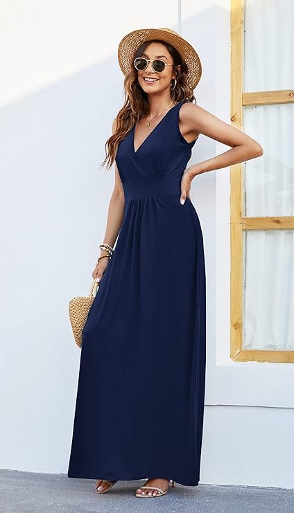 AUSELILY Maxikleid Damen Sommer ärmellos Kleid Lang Elegant tiefem V-Ausschnitt Abendkleid mit Tasch