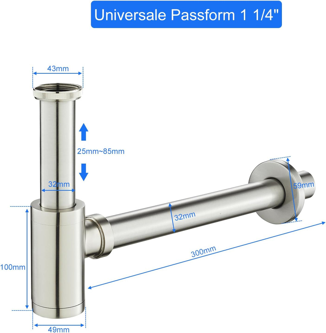 Siphon Universal für Waschtisch, KEOKBON 1 1/4 x 32 mm Syphon & Pop up Ventil Ablaufgarnitur mit Übe