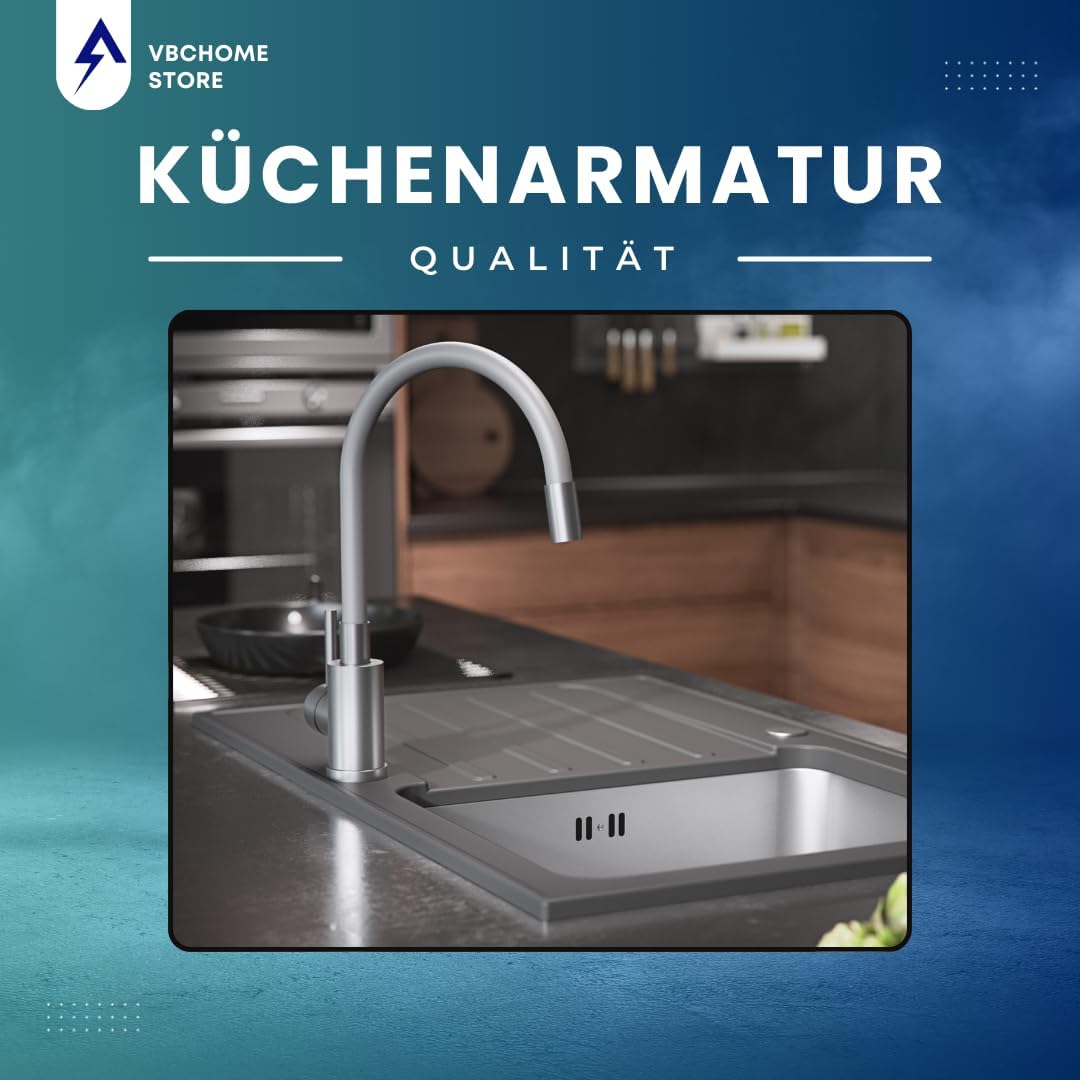 VBChome Küchenarmatur mit flexibler Grau Silikonbrause – Flexibler Wasserhahn mit Einhebelmischer fü