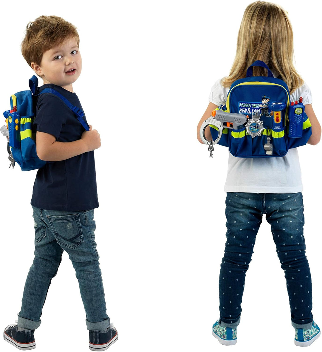 Theo Klein 8802 Polizei-Rucksack mit Zubehör | Mit batteriebetriebener Taschenlampe, Handschellen un