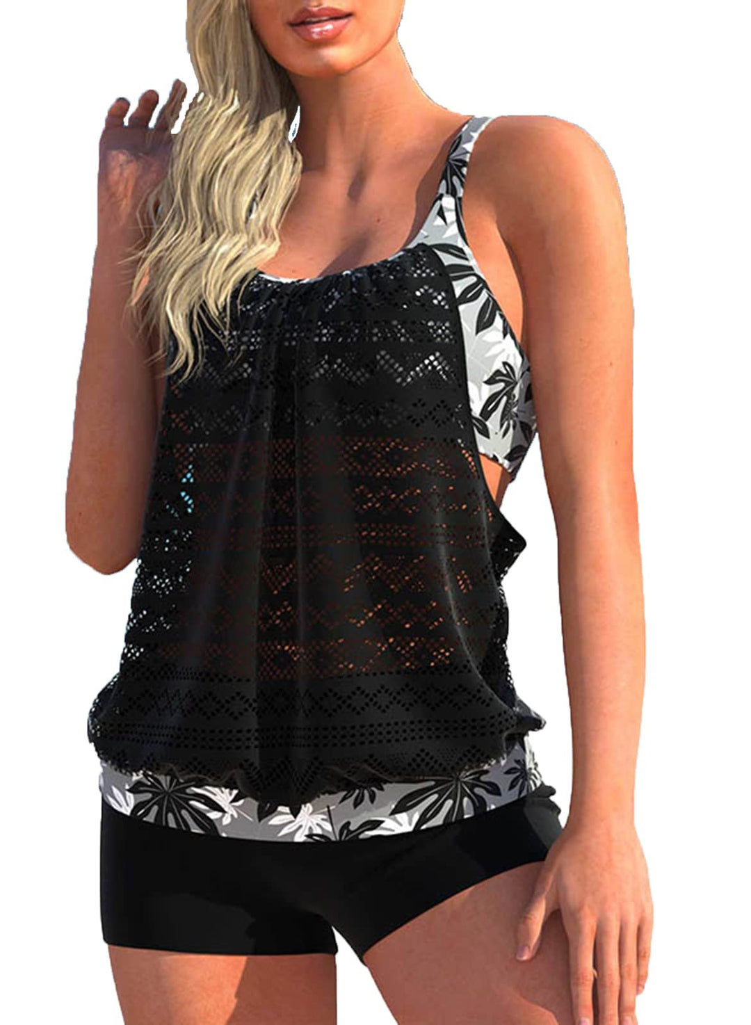 CIZEUR Tankini Oberteil Damen Zweiteiler Tank Top Mesh Bauchweg Tankini Set mit Short Push up Badean