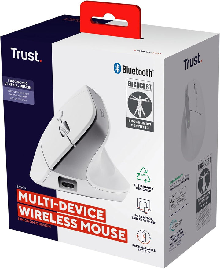 Trust Bayo+ Wiederaufladbare Vertikale Maus Bluetooth + RF 2.4GHz, Vorbeugung Gegen Mausarm/Tennisar