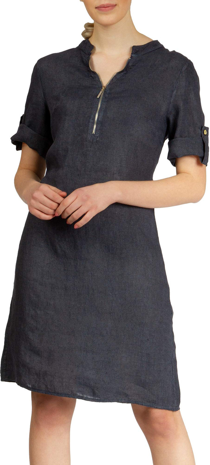Caspar SKL037 stylisches knielanges Damen Sommer Leinenkleid mit Reissverschluss Ausschnitt 36 Dunke