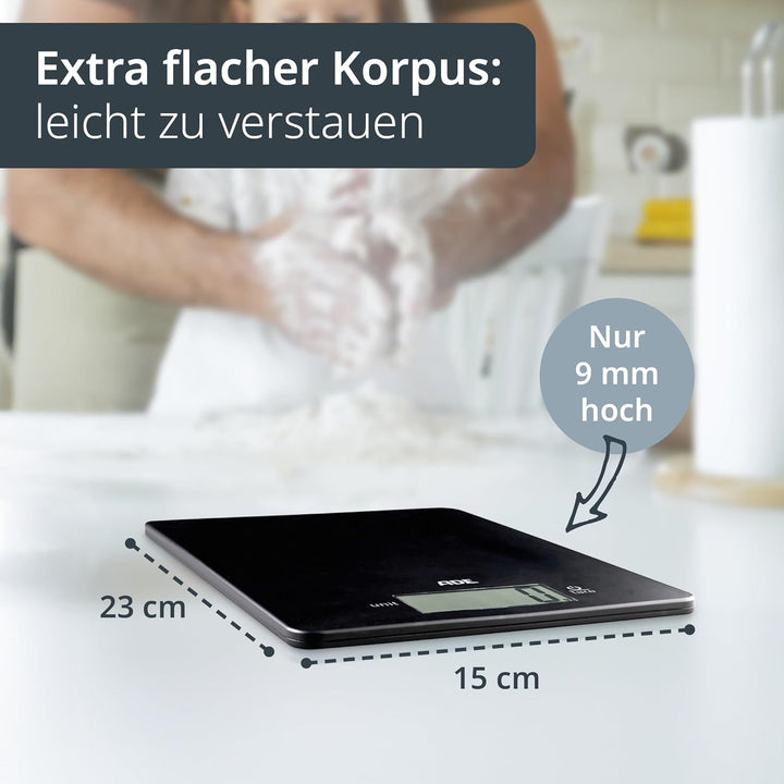 ADE Digitale Küchenwaage mit 5 kg Tragkraft | präzise Grammwaage | grosses Display | extra flacher K