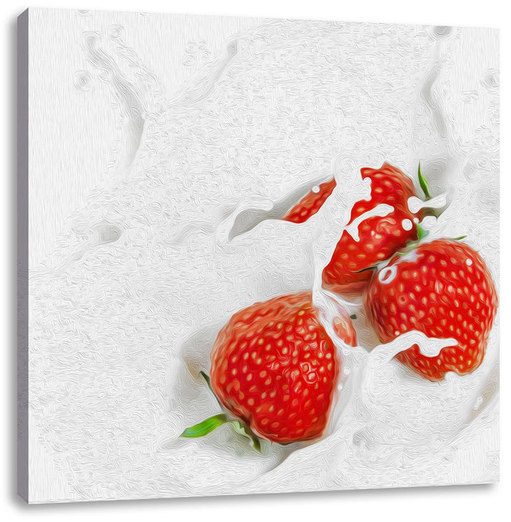 Pixxprint Erdbeeren Schwimmen in Milch als Leinwandbild Quadratisch/Grösse: 70x70 / Wandbild/Kunstdr
