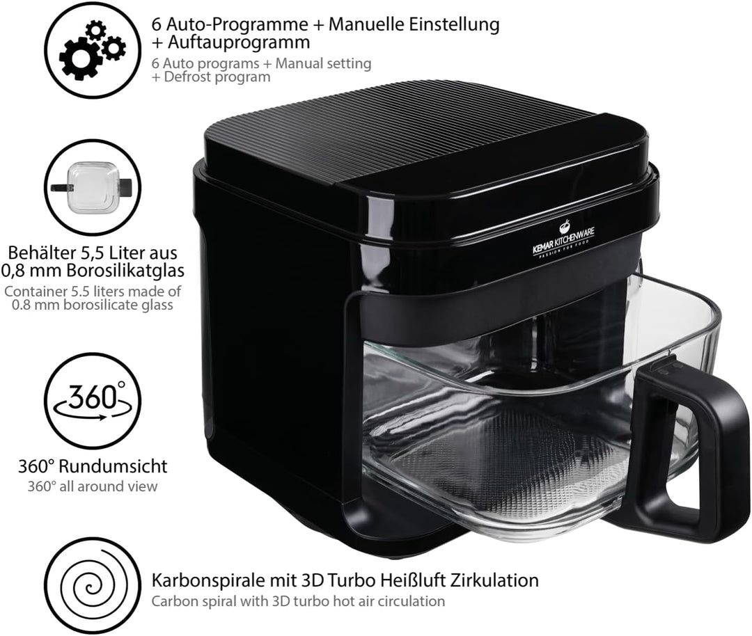 KHF-550 Heissluftfritteuse 5,5 Liter mit Touchdisplay und Frittierkorb aus Glas ohne Beschichtung, A