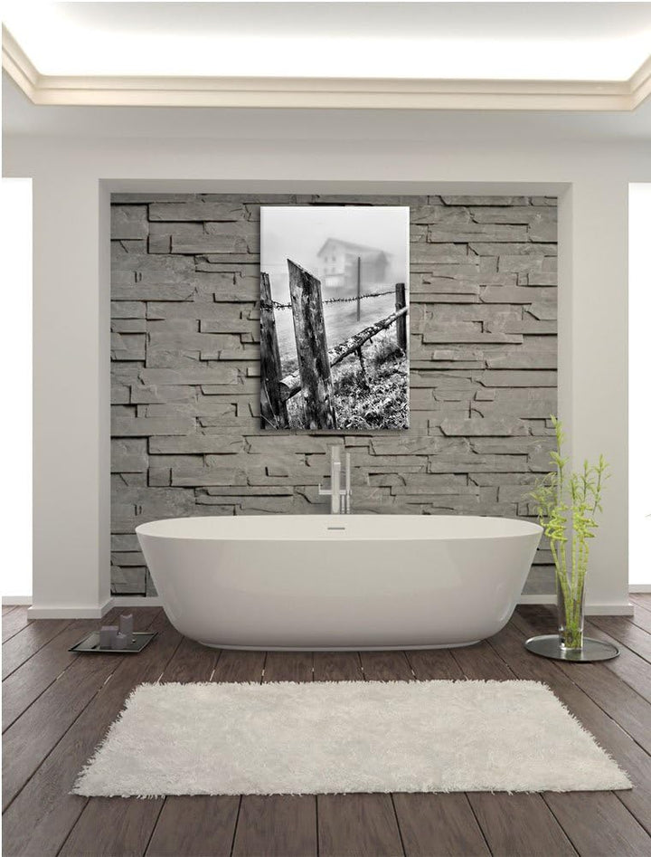 Pixxprint Holzzaun auf Wiese als Leinwandbild/Grösse: 100x70 / Wandbild/Kunstdruck/fertig bespannt,
