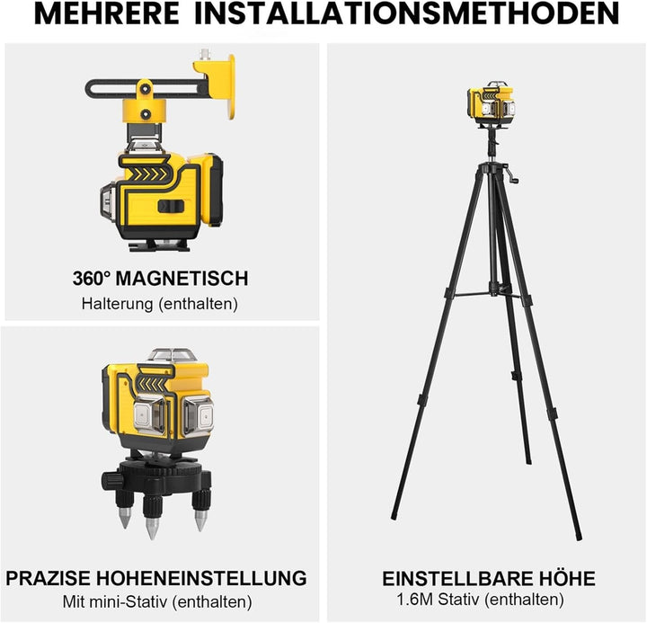 Kreuzlinienlaser mit Stativ - cjumel 4 x 360° Grün Laser Wasserwaage Selbstnivellierend, 4D 16 Linie