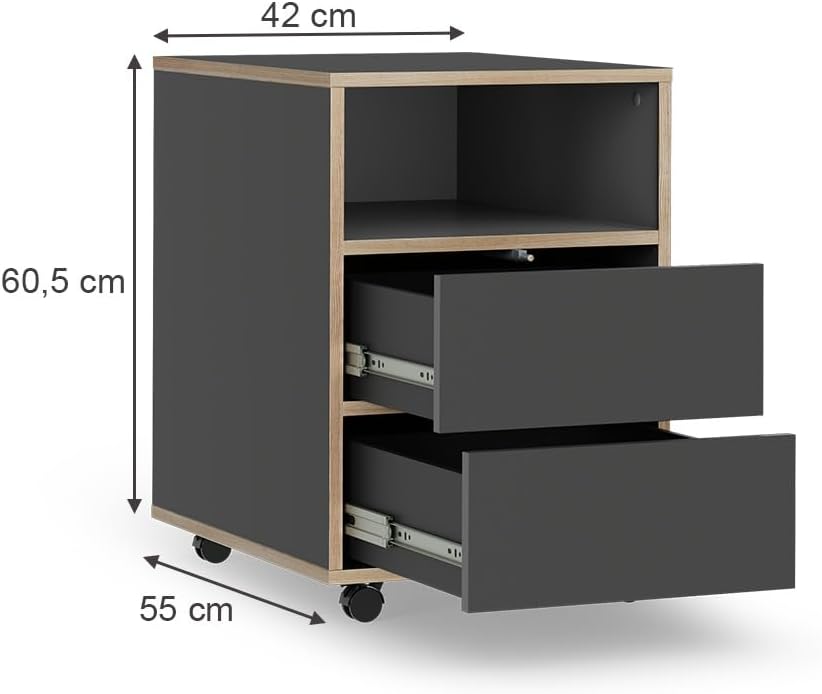 Vicco Rollcontainer Tetrix, Anthrazit, 42 x 55 cm mit Regalen und 2 Schubladen, Anthrazit