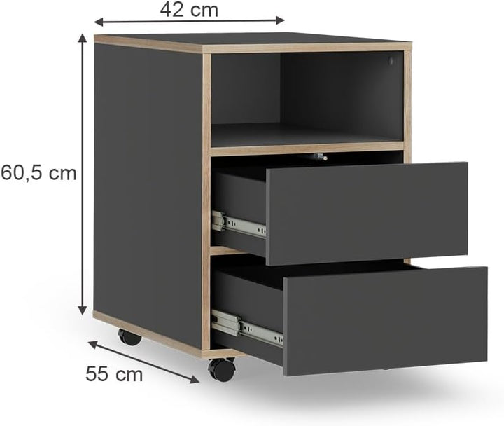 Vicco Rollcontainer Tetrix, Anthrazit, 42 x 55 cm mit Regalen und 2 Schubladen, Anthrazit