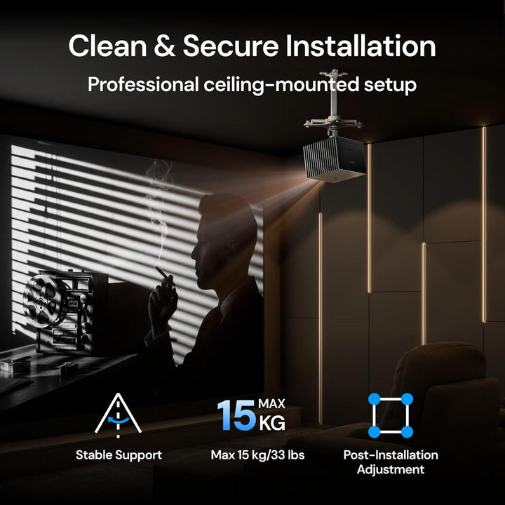 VisionMaster Pro2 4K Triple-Laser-Beamer Bundle mit 120" Anti-Speckle motorisierter Leinwand und Dec
