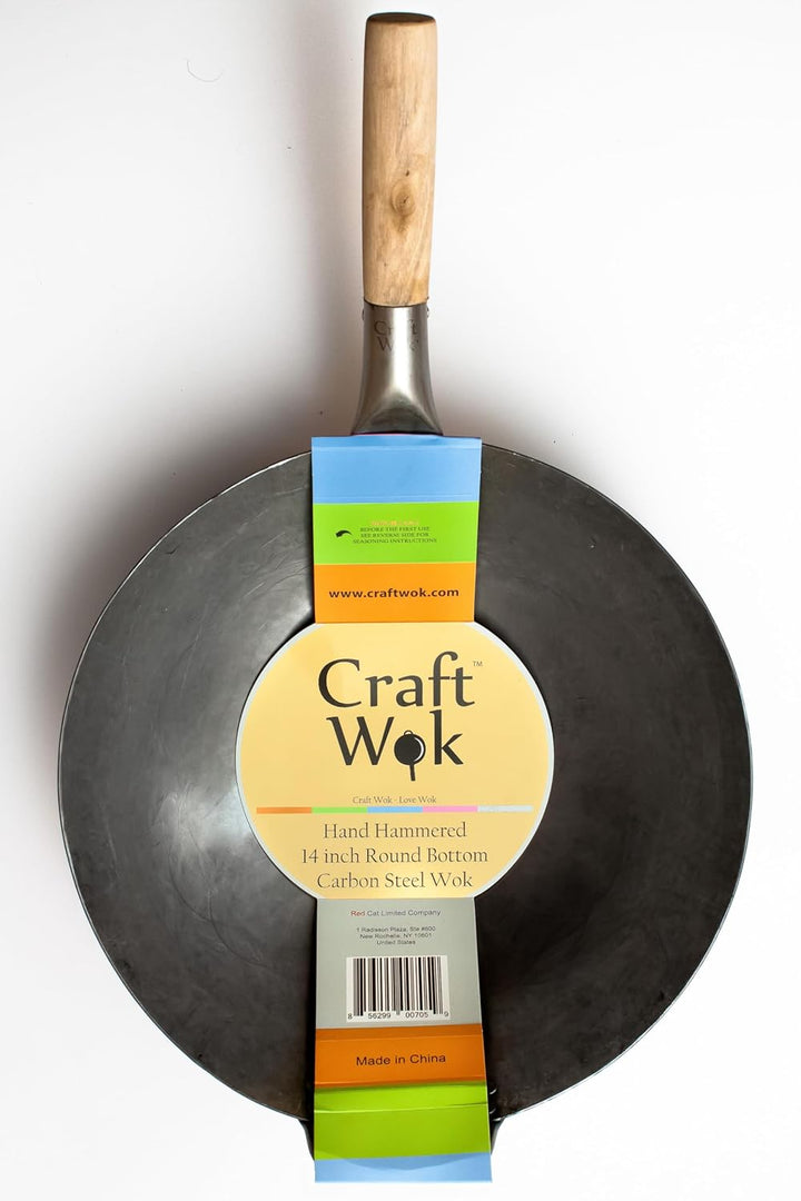 Craft Wok Traditioneller handgehämmerter Wok aus Karbonstahl mit Griff aus Holz und Stahl (Durchmess