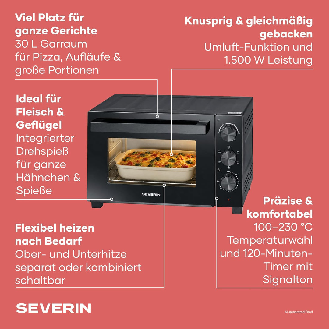 Severin Back- und Toastofen mit Umluftfunktion, inkl. Drehspiess für Fleisch, vielseitiger Heissluft