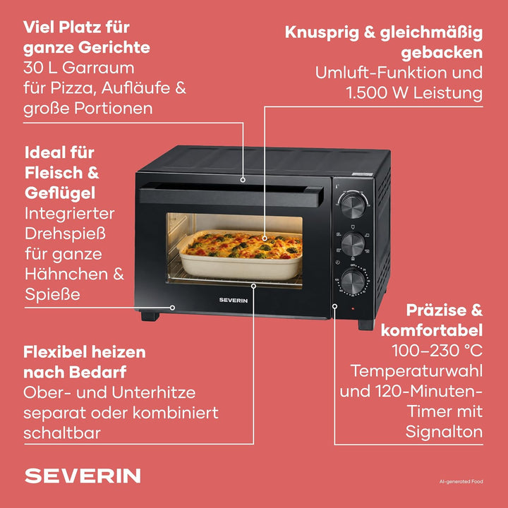 Severin Back- und Toastofen mit Umluftfunktion, inkl. Drehspiess für Fleisch, vielseitiger Heissluft