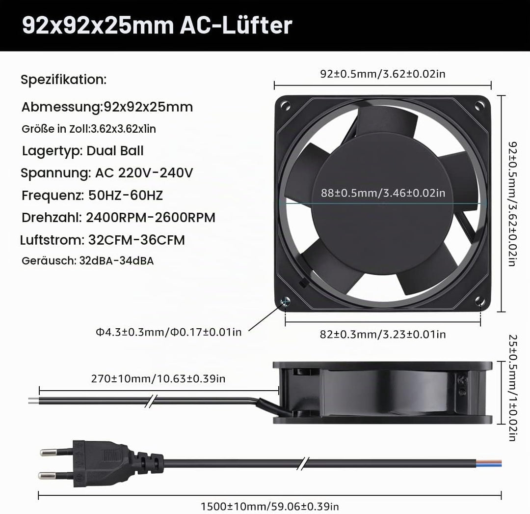 GDSTIME 230V Lüfter 92mm AC 92 x 25mm 220V Lüfter Dual Kugellager Axiallüfter, 92 x 25mm