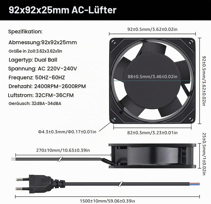 GDSTIME 230V Lüfter 92mm AC 92 x 25mm 220V Lüfter Dual Kugellager Axiallüfter, 92 x 25mm