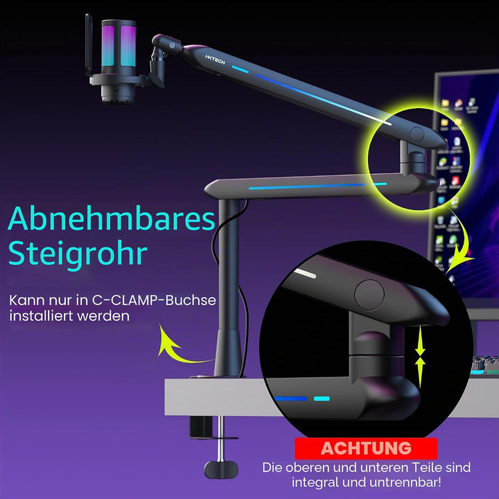 IXTECH RGB Low Profile Galgenarm für Mikrofon, verstellbarer Mikrofonarmständer mit Tischhalterungsk