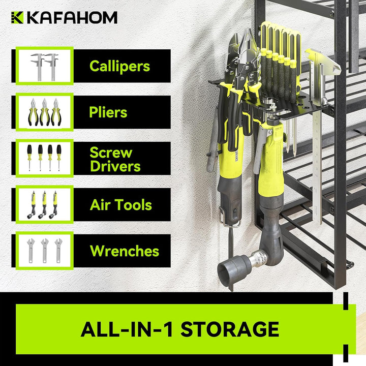KAFAHOM Grosse Werkzeug-Wandhalterung mit 13 Bohrerschächten für die Garage – 4-etagiges Organizer-R