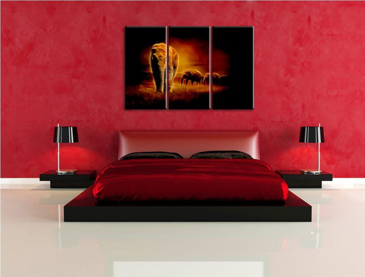Dark Prächtige Elefanten in Steppe Spezial 3-Teiler Leinwandbild 120x80 Bild auf Leinwand, XXL riesi