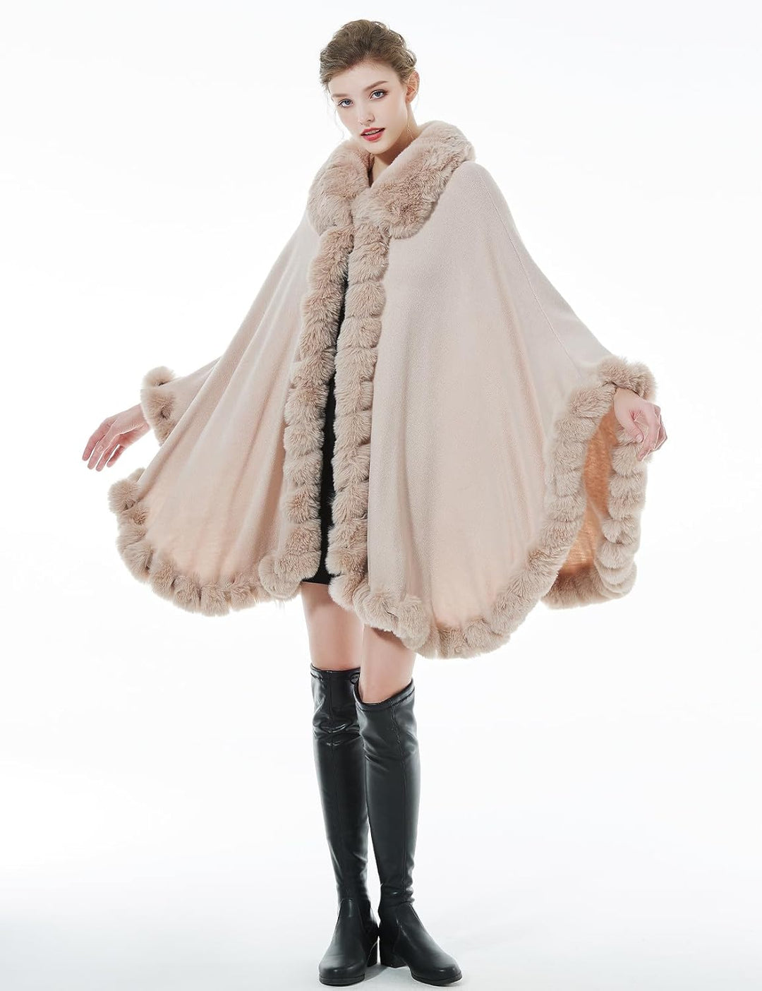 BEAUTELICATE Kunstpelz Poncho Cape Strick Damen Winter Kunstfell Stola Schal Cape Cardigan Warm mit