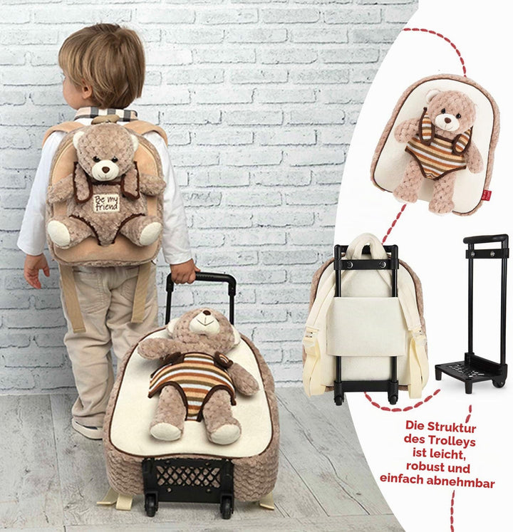 PERLETTI Plüschtier Teddybär Kindergepäck Rucksack für Kinder - Kinderrucksack Abnehmbaren Rädern un