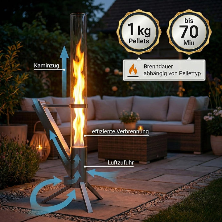 Albatros hochwertige Pelletfackel aus Edelstahl | Raketenofen für den Garten | mit Glas Feuerrohr |