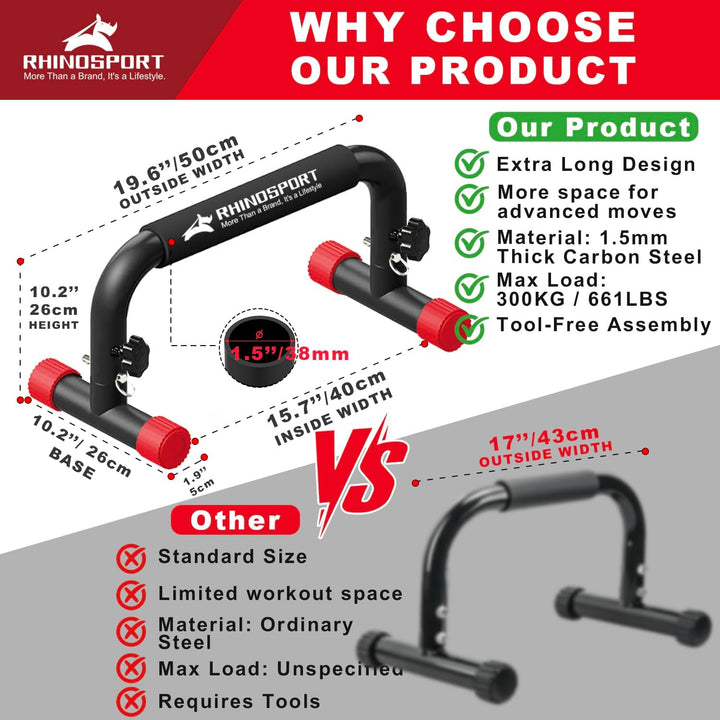 RHINOSPORT Parallettes Bars Dip Calisthenics Push Up Bars 10.2 in High 300Kg/661lbs Gewichtskapazitä