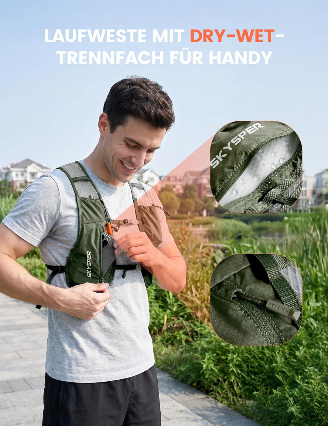 SKYSPER Laufweste für Damen Herren 12L Laufrucksack mit 500ml Trinkflasche Reflektierende Trinkweste