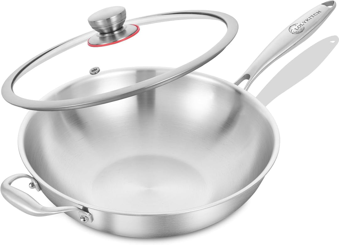 LOLYKITCH 32 cm dreilagige Edelstahl-Wokpfanne mit Deckel, Stri-Bratpfanne, Induktionspfanne, spülma