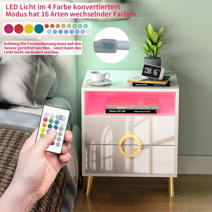 PIPIPOXER Nachttisch mit LED Beleuchtung, Beistelltisch in weiss mit grossen Stauraum,Nachttische au