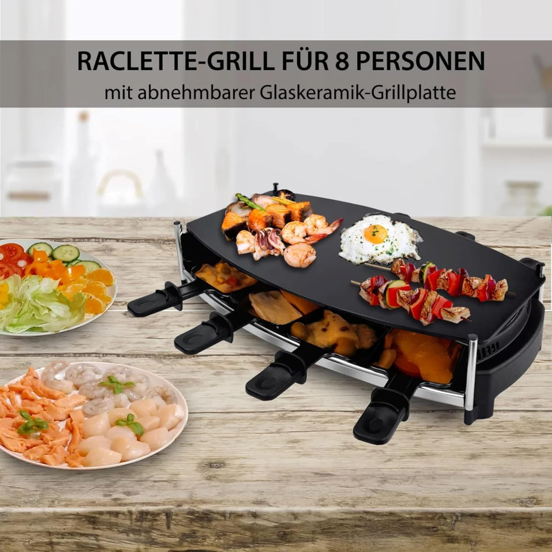 Syntrox Germany Raclette für 8 Personen Wallixa Emailliert, Partygrill mit Glas-Keramik Platte, 1000