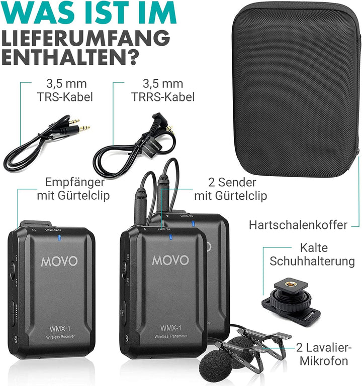 Movo WMX-1-DUO 2.4GHz Drahtloses Lavalier-Mikrofonsystem, kompatibel mit DSLR-Kameras, Camcordern, i