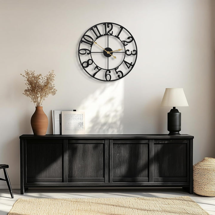 HAITANG Grosse Modern Wanduhr Wohnzimmer, Schwarz Wanduhr Rund Metall Geräuschlos Nicht Tickend Batt