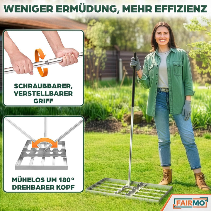 Der handliche Rasen Rakel Edelstahl (75x35 cm) von Fairmo [für sattgrünen Rasen] - Rakel für Rasen i