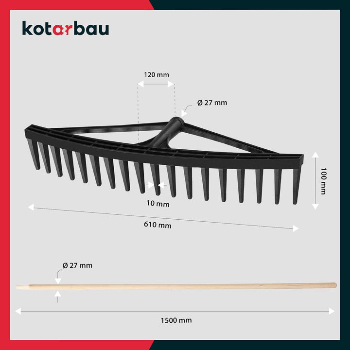 KOTARBAU® Heurechen - 61 cm - mit Holzstiel 1,52 m - Laubrechen Kunststoff - Rechen für Garten - Lau
