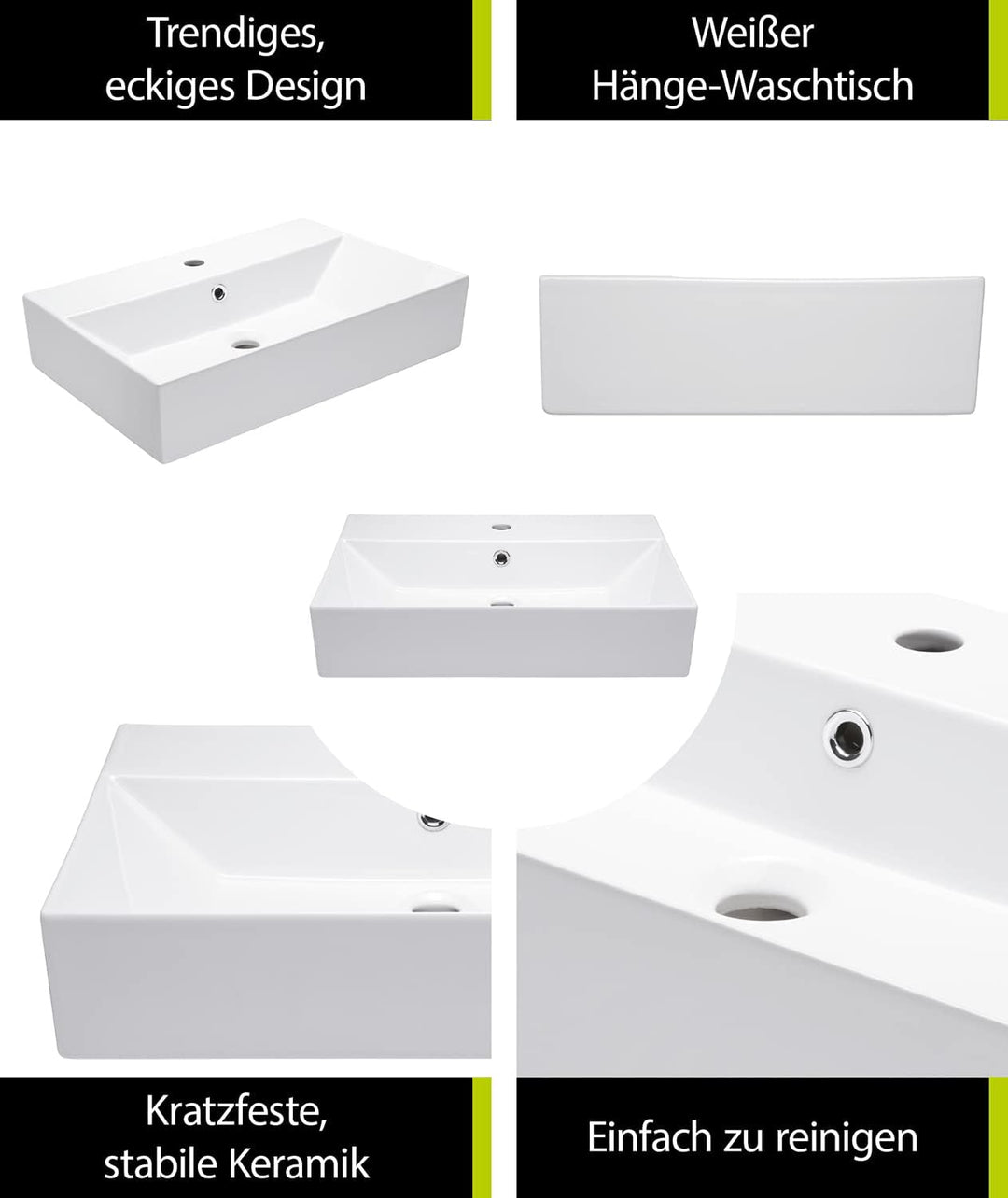 aquaSu® Moderner Waschtisch Malea 60 cm | Design-Waschbecken mit Überlauf und Hahnloch | Hänge-Wasch