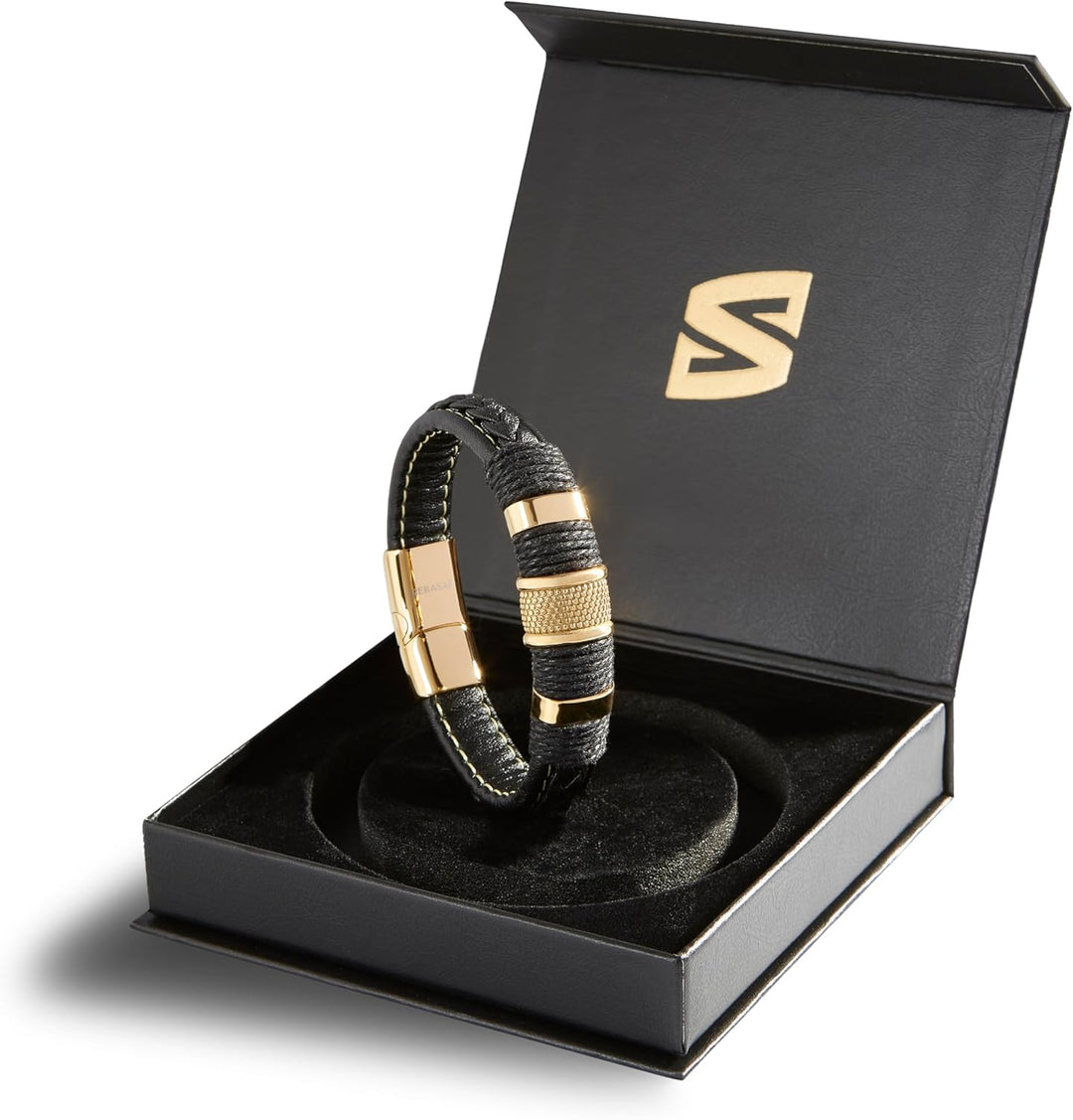 SERASAR Premium Lederarmband für Männer in Schwarz | Magnetverschluss aus Edelstahl in Schwarz, Silb