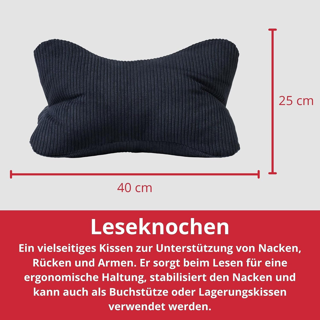 liebling Cord Lesekissen für Bett und Sofa, Bücherkissen, Lesehilfe, 40x25 cm, Leseknochen, Serie Ve