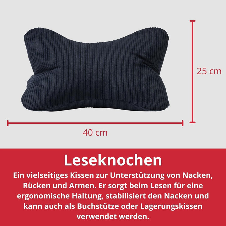liebling Cord Lesekissen für Bett und Sofa, Bücherkissen, Lesehilfe, 40x25 cm, Leseknochen, Serie Ve