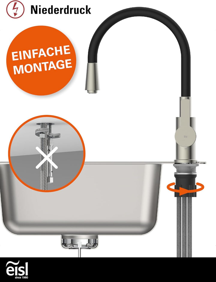 EISL Flexo Edelstahl/Schwarz Flexible Spültischarmatur Niederdruck, biegsamer Wasserhahn für die Küc