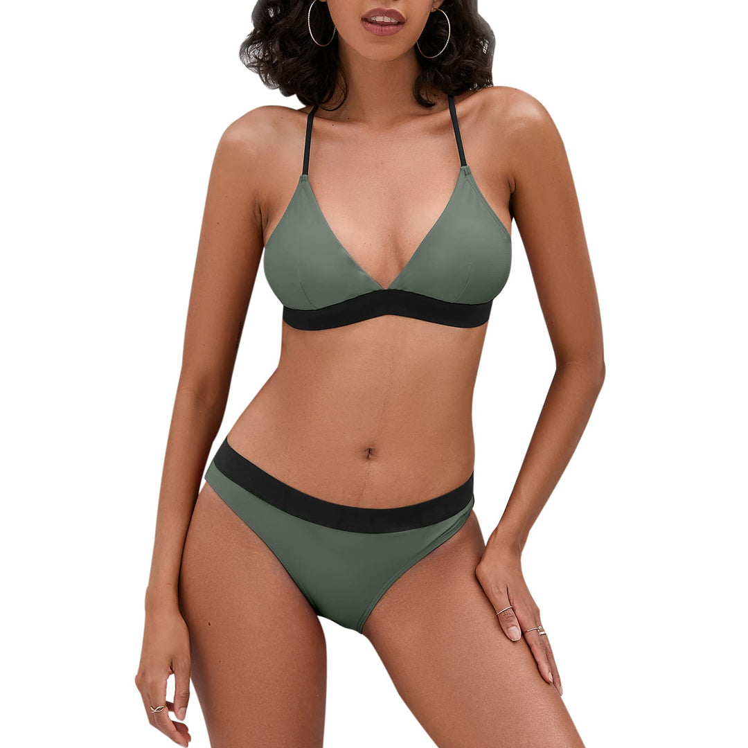 Damen Bikini Set, Triangel, breites Unterbrustband, Bademode, Badeanzug 36 Grün & Schwarz, 36 Grün &