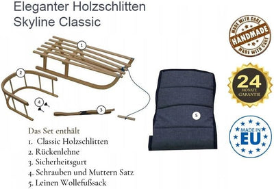 Holzschlitten für Kinder mit Rückenlehne Rodelschlitten Davoser Schlitten aus Holz mit einem Sicherh