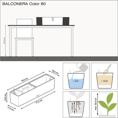 LECHUZA "BALCONERA Color 80" Pflanzgefäss mit Erd-Bewässerungs-System, Schiefergrau, 79 x 19 x 19 cm