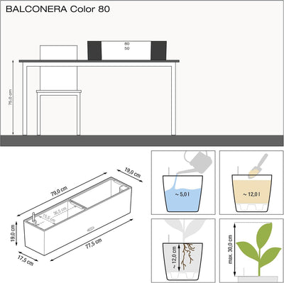 LECHUZA "BALCONERA Color 80" Pflanzgefäss mit Erd-Bewässerungs-System, Weiss, 79 x 19 x 19 cm 79x19x
