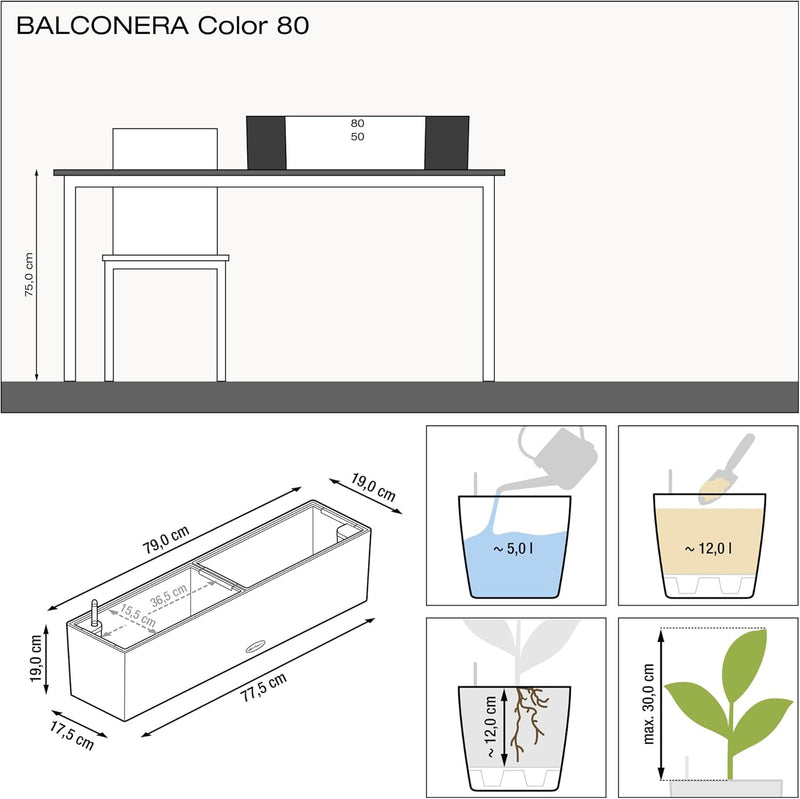 LECHUZA "BALCONERA Color 80" Pflanzgefäss mit Erd-Bewässerungs-System, Weiss, 79 x 19 x 19 cm 79x19x
